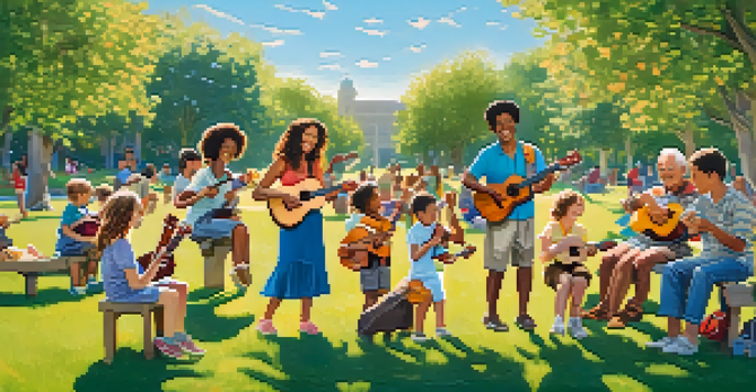 A diverse group of people of all ages happily playing ukuleles together in a sunny park filled with greenery and flowers.