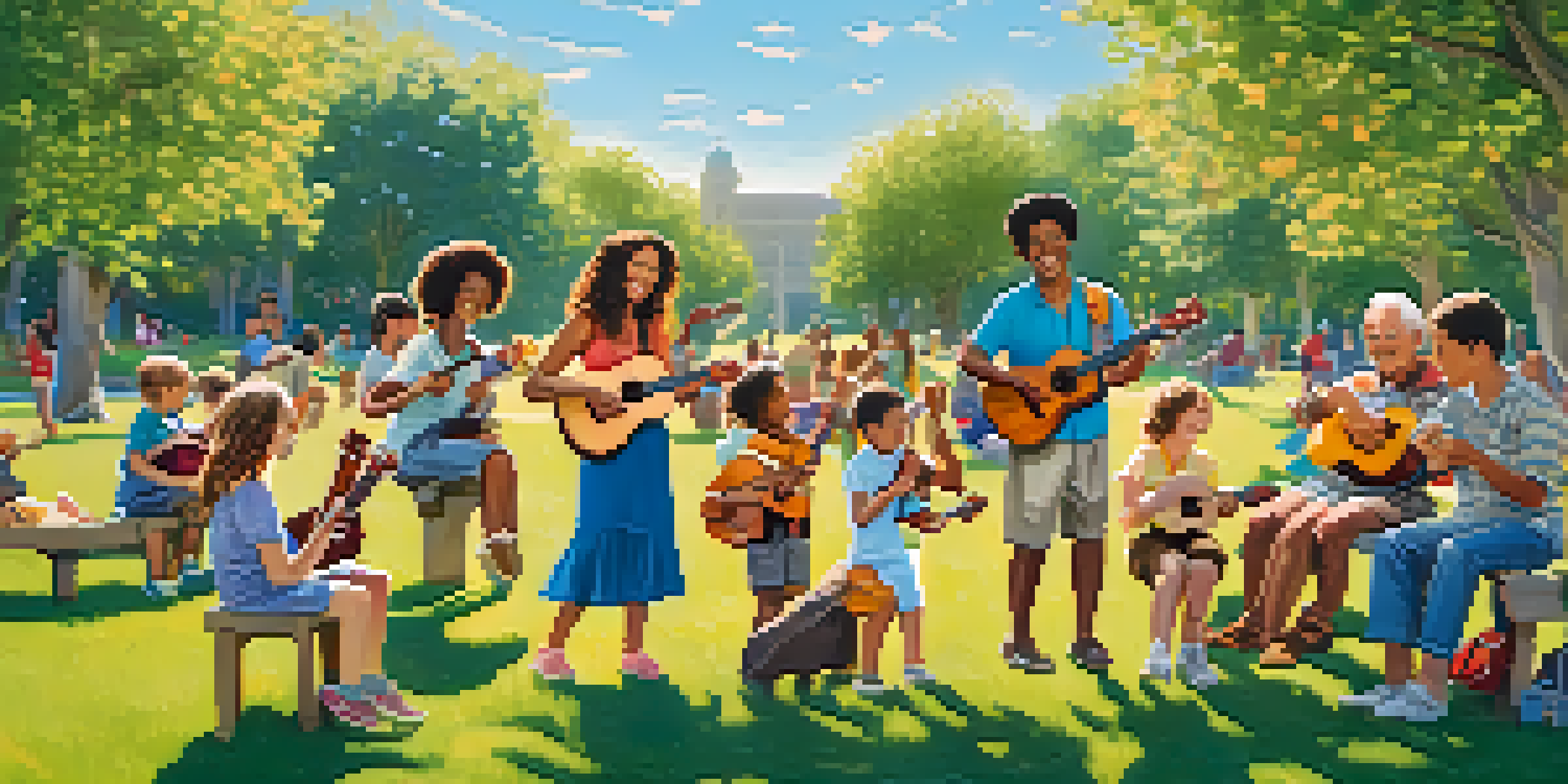 A diverse group of people of all ages happily playing ukuleles together in a sunny park filled with greenery and flowers.