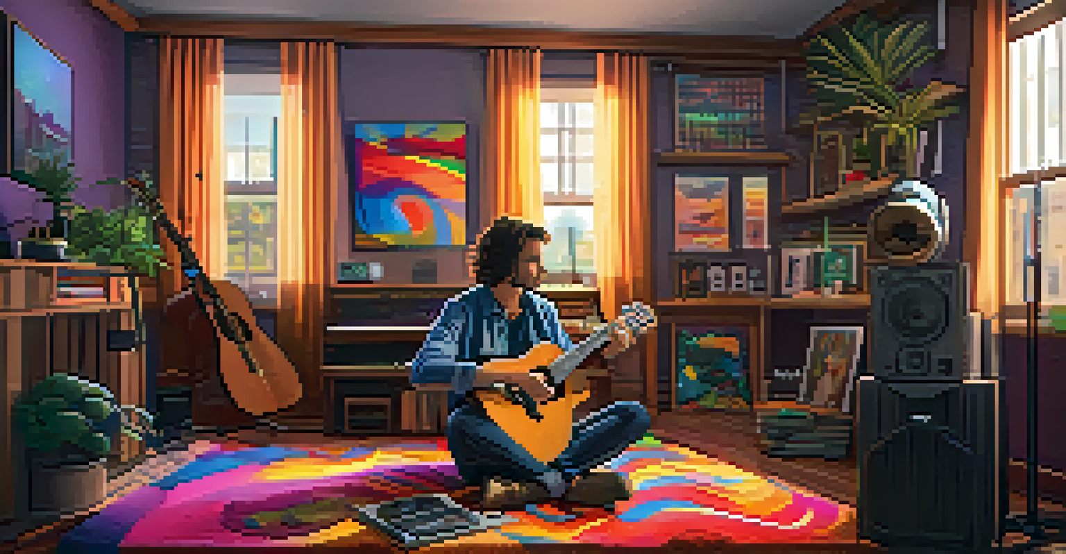 An artist playing a ukulele in a cozy home studio with warm lighting and soundwave visualizations in the background.
