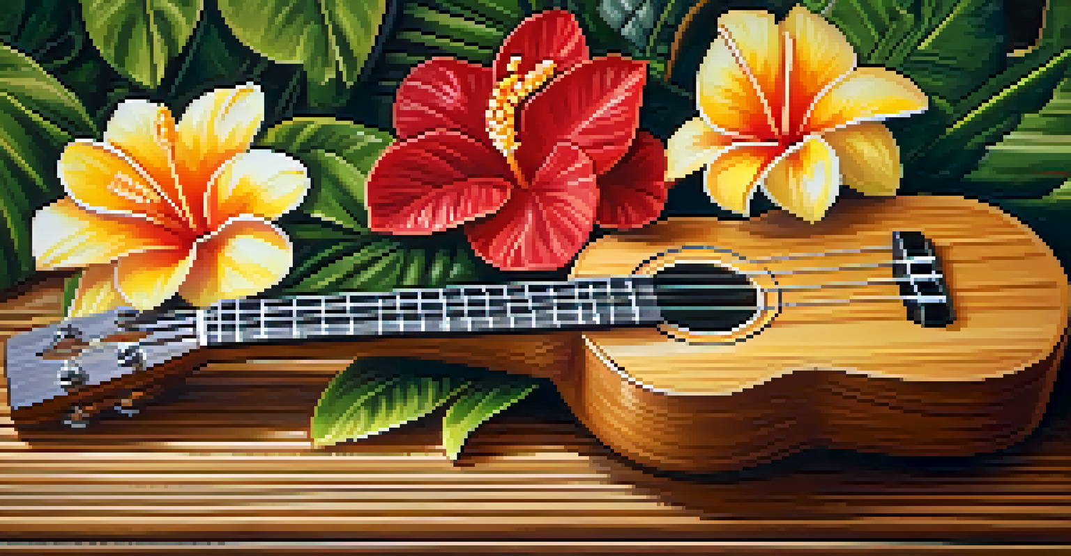 A close-up of a ukulele on a wooden table surrounded by tropical flowers, with warm lighting highlighting its details.