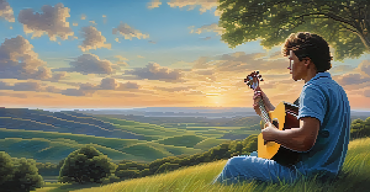 A musician sitting on a grassy hill playing the ukulele under a blue sky with clouds, with a sunset view over a distant landscape.