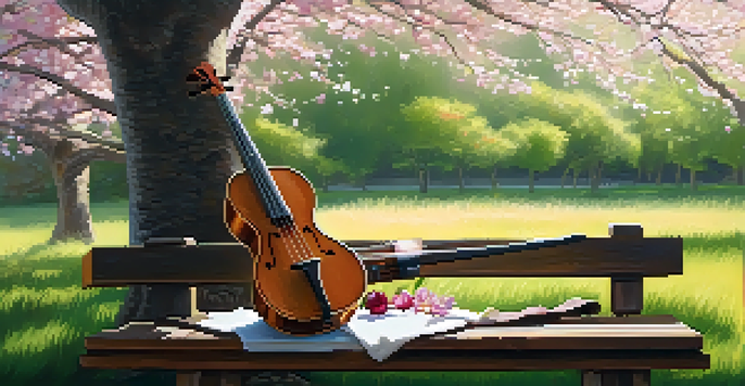 A ukulele and cello on a wooden bench under a cherry blossom tree with sunlight filtering through branches.