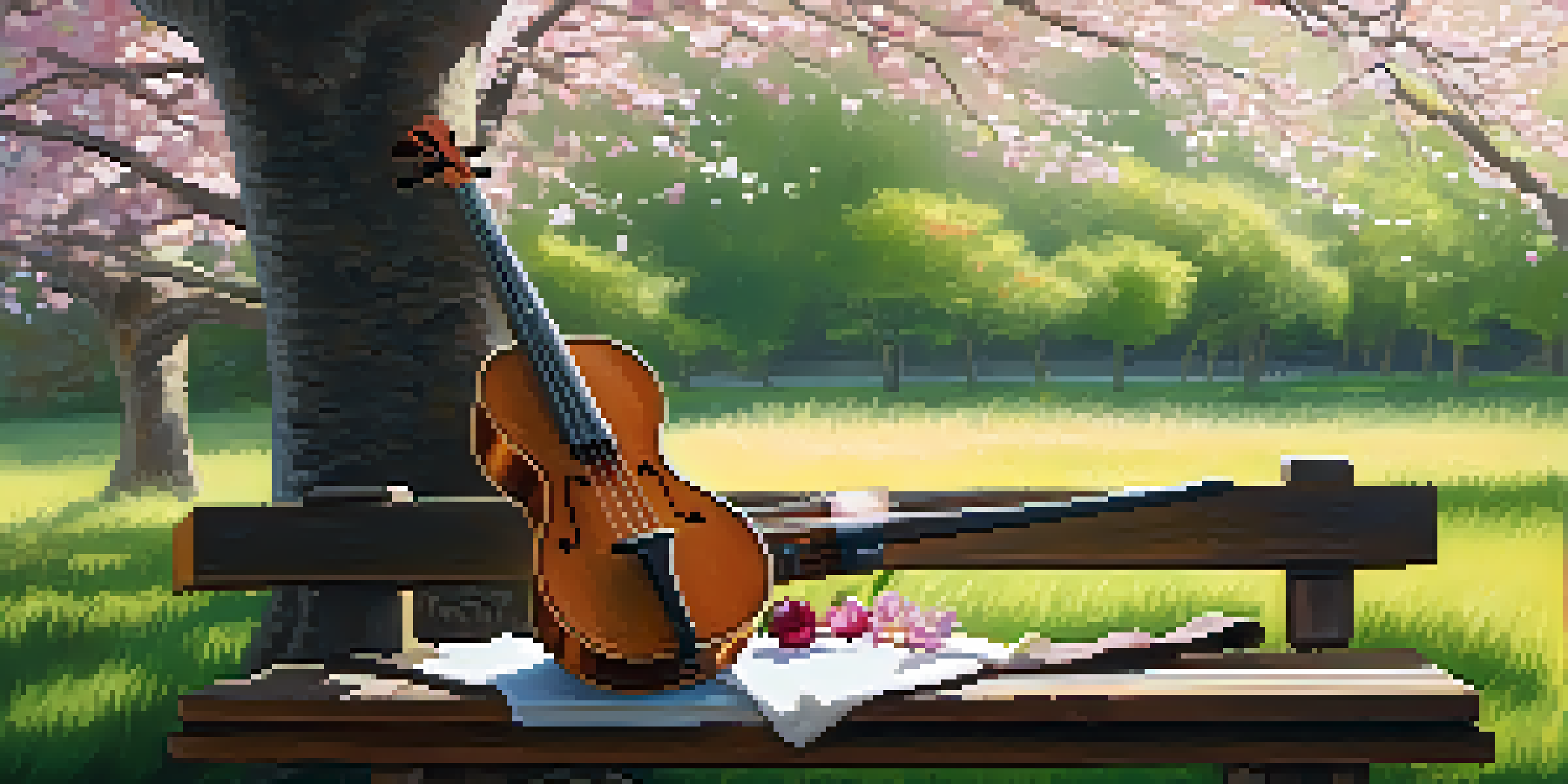 A ukulele and cello on a wooden bench under a cherry blossom tree with sunlight filtering through branches.