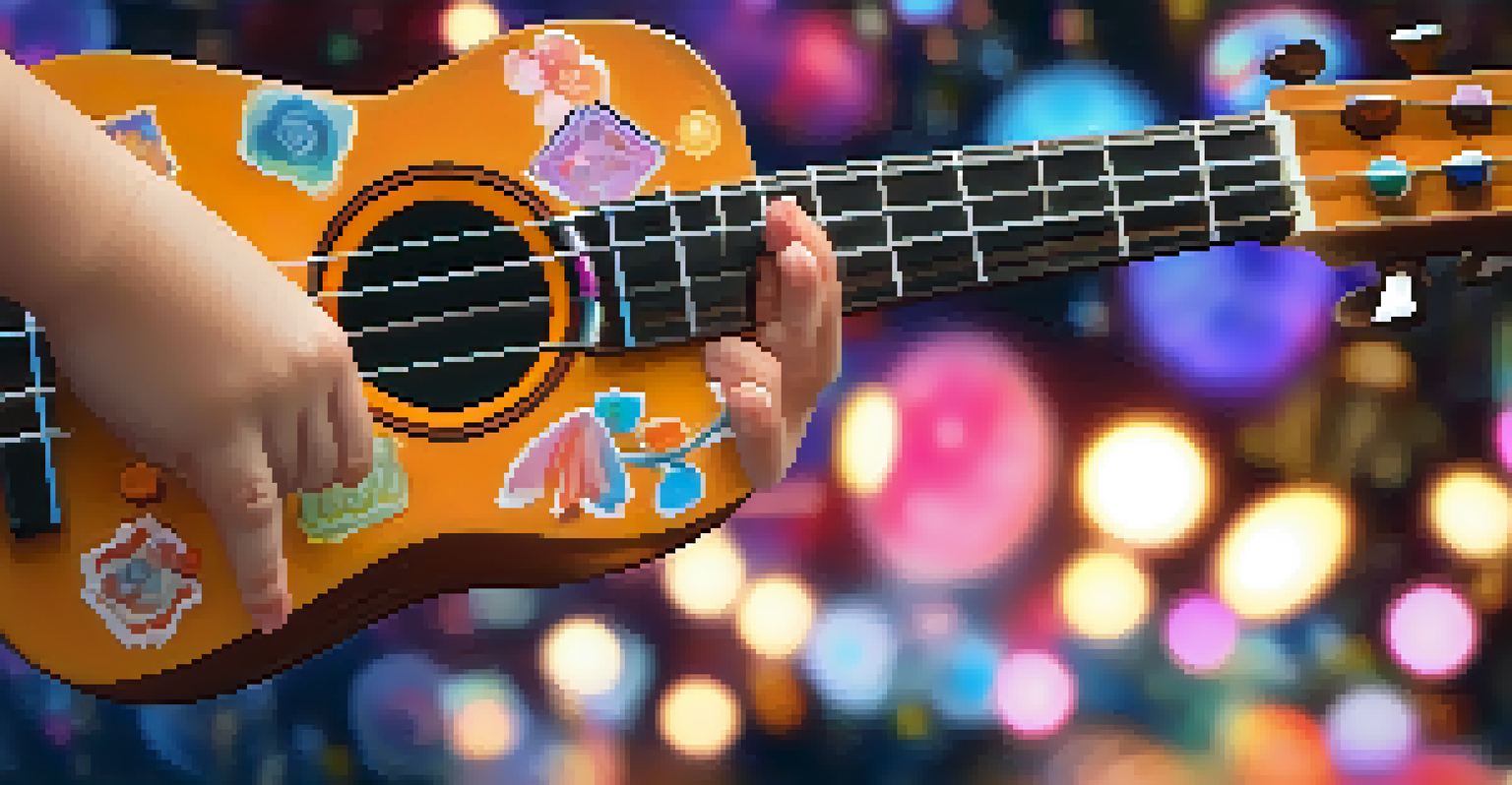Close-up of a child's hands pressing ukulele strings with colorful stickers on the instrument.