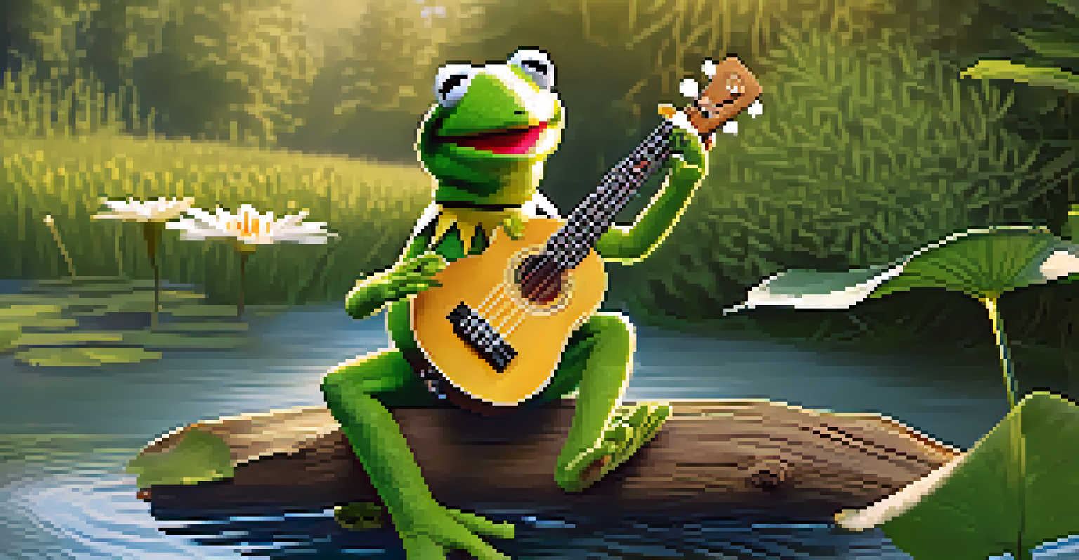 Kermit the Frog sitting on a log by a pond, playing his ukulele under warm sunlight.