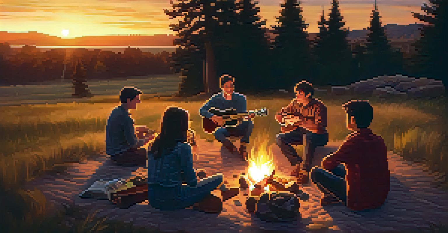 A group of friends around a campfire at sunset, one playing a ukulele, with silhouettes of trees.