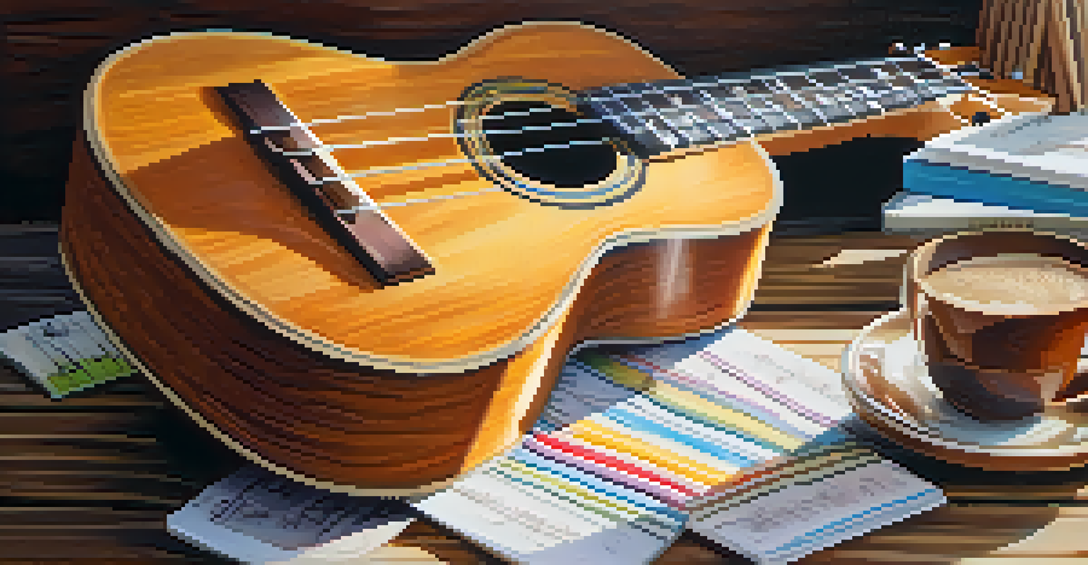 A close-up of a ukulele on a wooden table with music sheets and coffee, illuminated by morning light.
