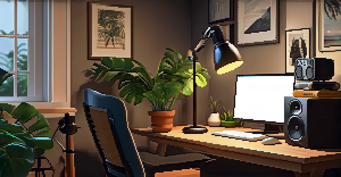 A cozy home studio for recording ukulele, with a microphone, ukulele, warm lighting, and a laptop.