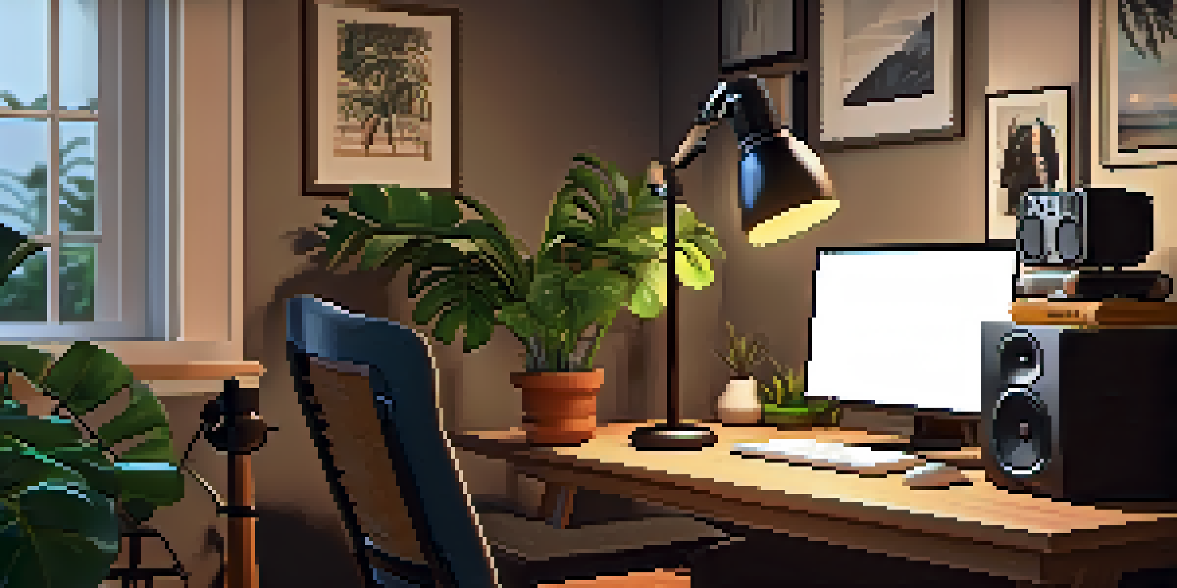 A cozy home studio for recording ukulele, with a microphone, ukulele, warm lighting, and a laptop.