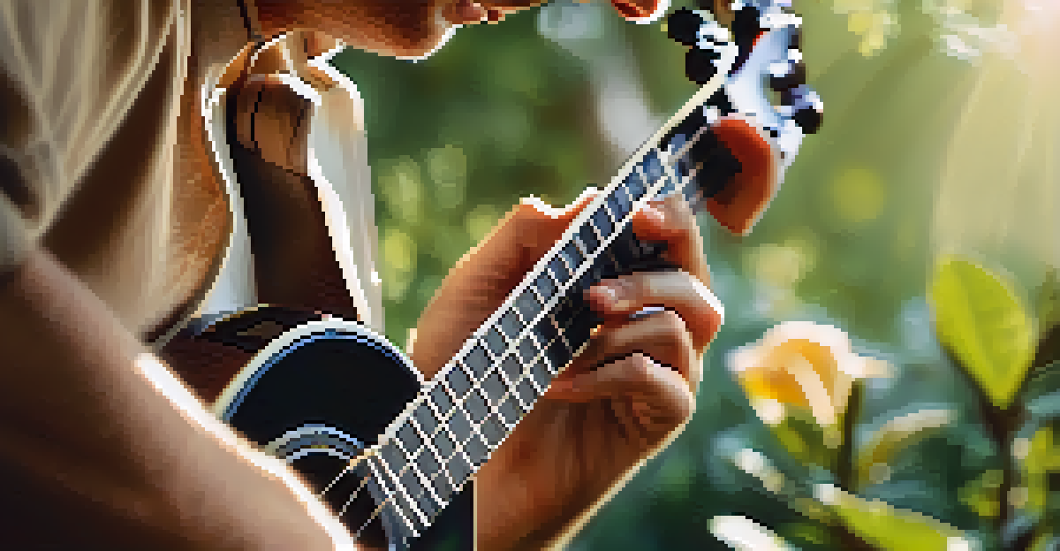 A musician placing a capo on a ukulele outdoors, surrounded by greenery and sunlight.