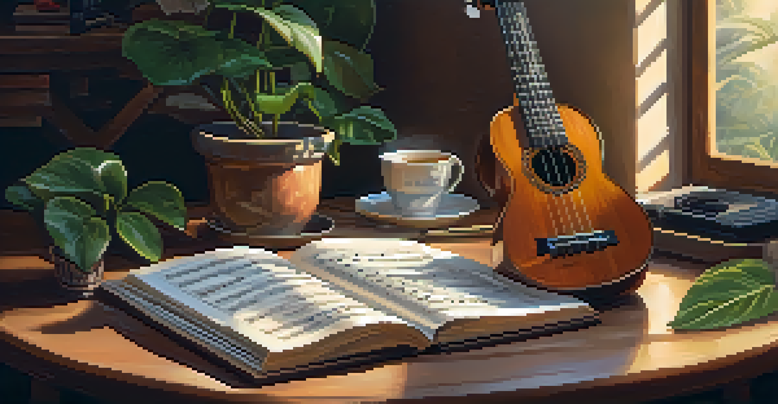 A ukulele on a wooden table with music sheets and a cup of tea in a cozy indoor setting, illuminated by soft ambient light.