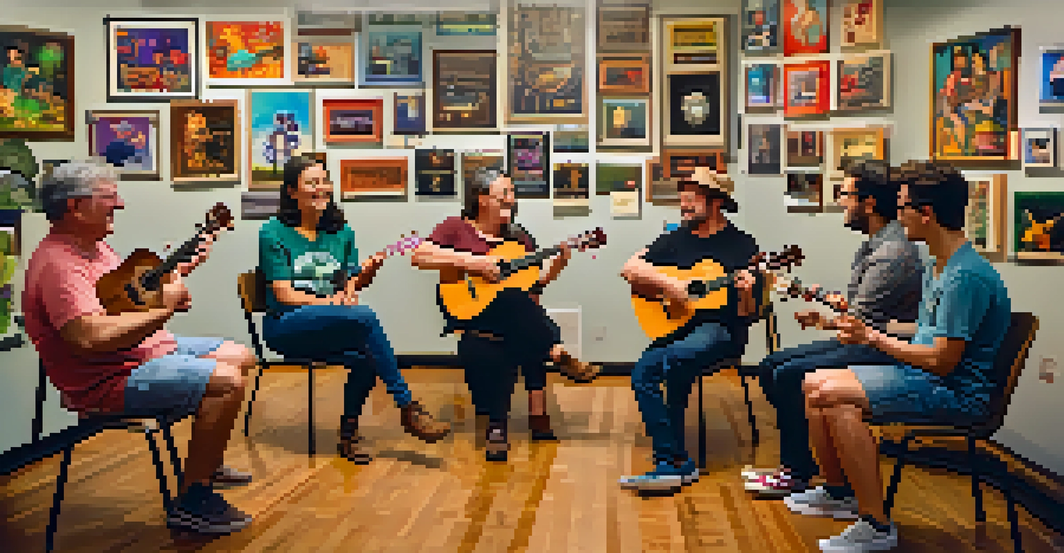 A cozy ukulele workshop with participants learning in a warm-lit room, creating a friendly and engaging atmosphere.
