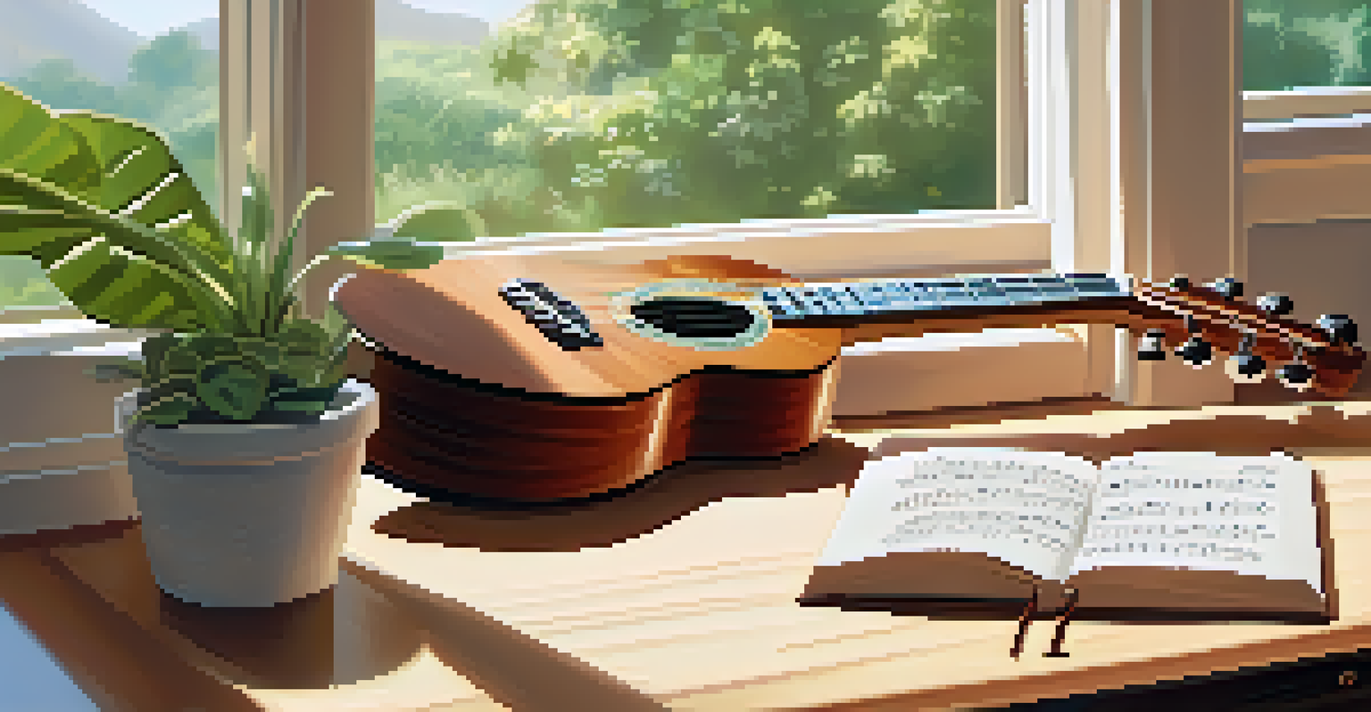 A close-up of a ukulele on a wooden table next to a notebook with handwritten lyrics, surrounded by small potted plants and sunlight.