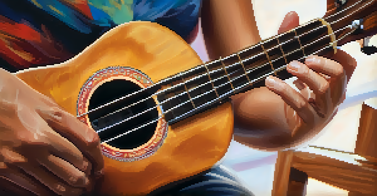 Close-up of hands playing a ukulele, showcasing the instrument's texture and the player's joyful expression.