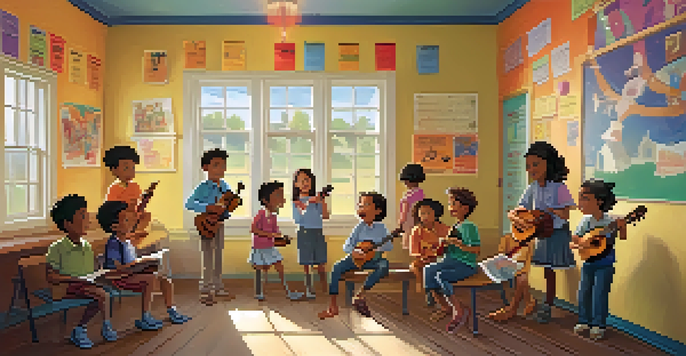 A lively classroom filled with children and a teacher playing a ukulele, surrounded by colorful educational posters and sunlight.