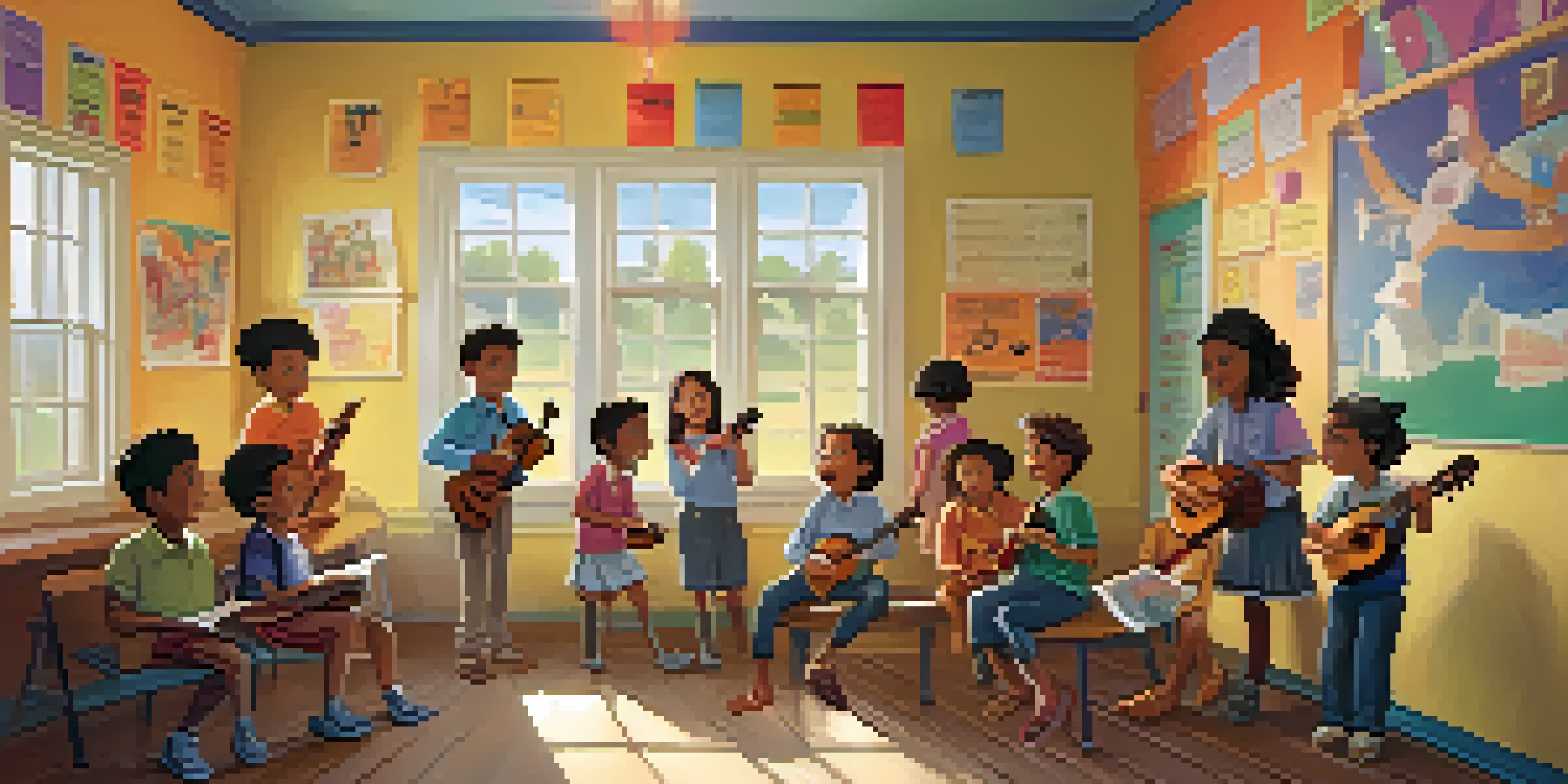 A lively classroom filled with children and a teacher playing a ukulele, surrounded by colorful educational posters and sunlight.