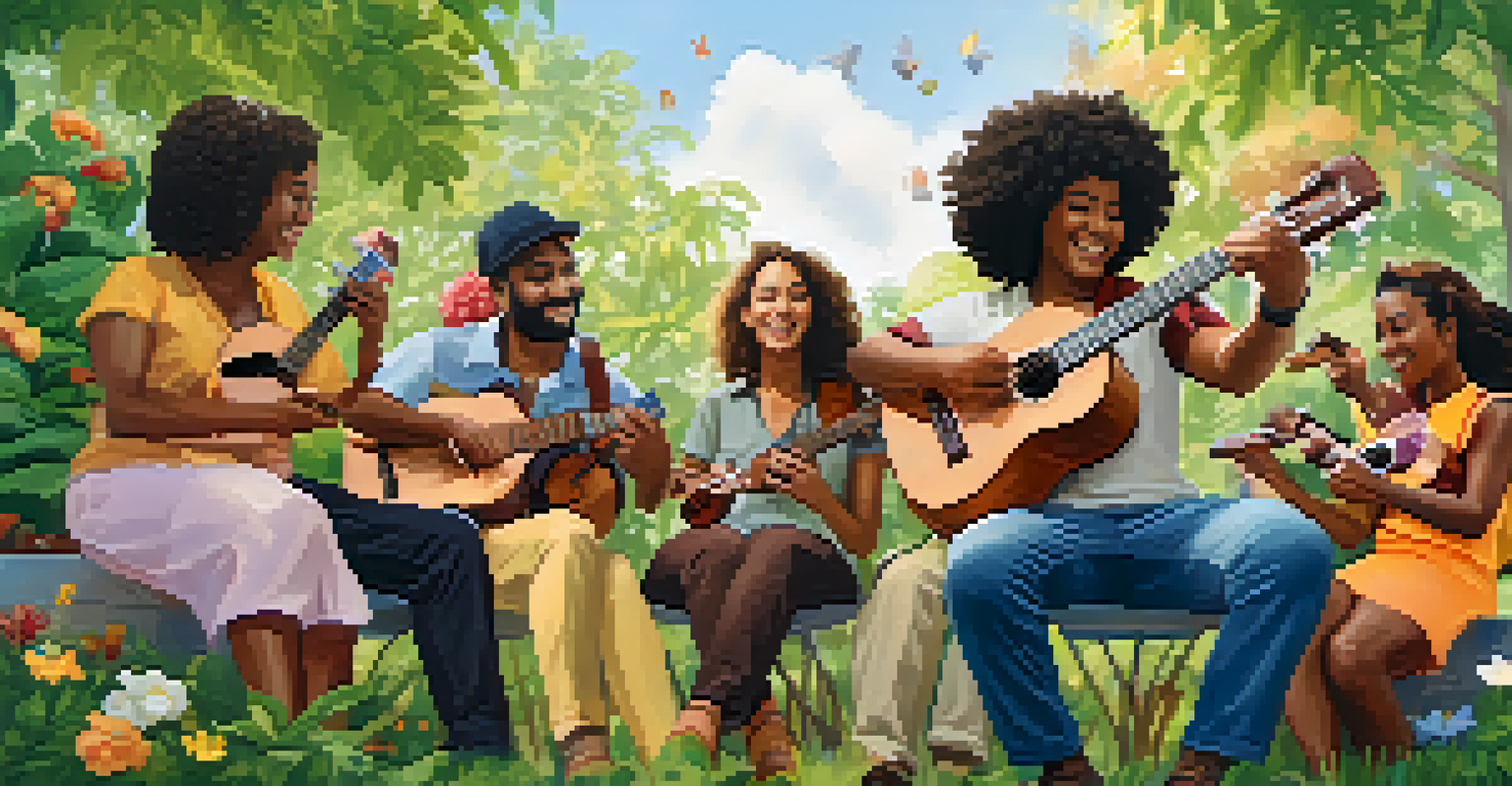 A diverse group of people playing ukuleles together in a park, surrounded by greenery and flowers.