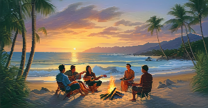 A group of friends enjoying a sunset beach gathering with a ukulele, surrounded by palm trees and ocean waves.