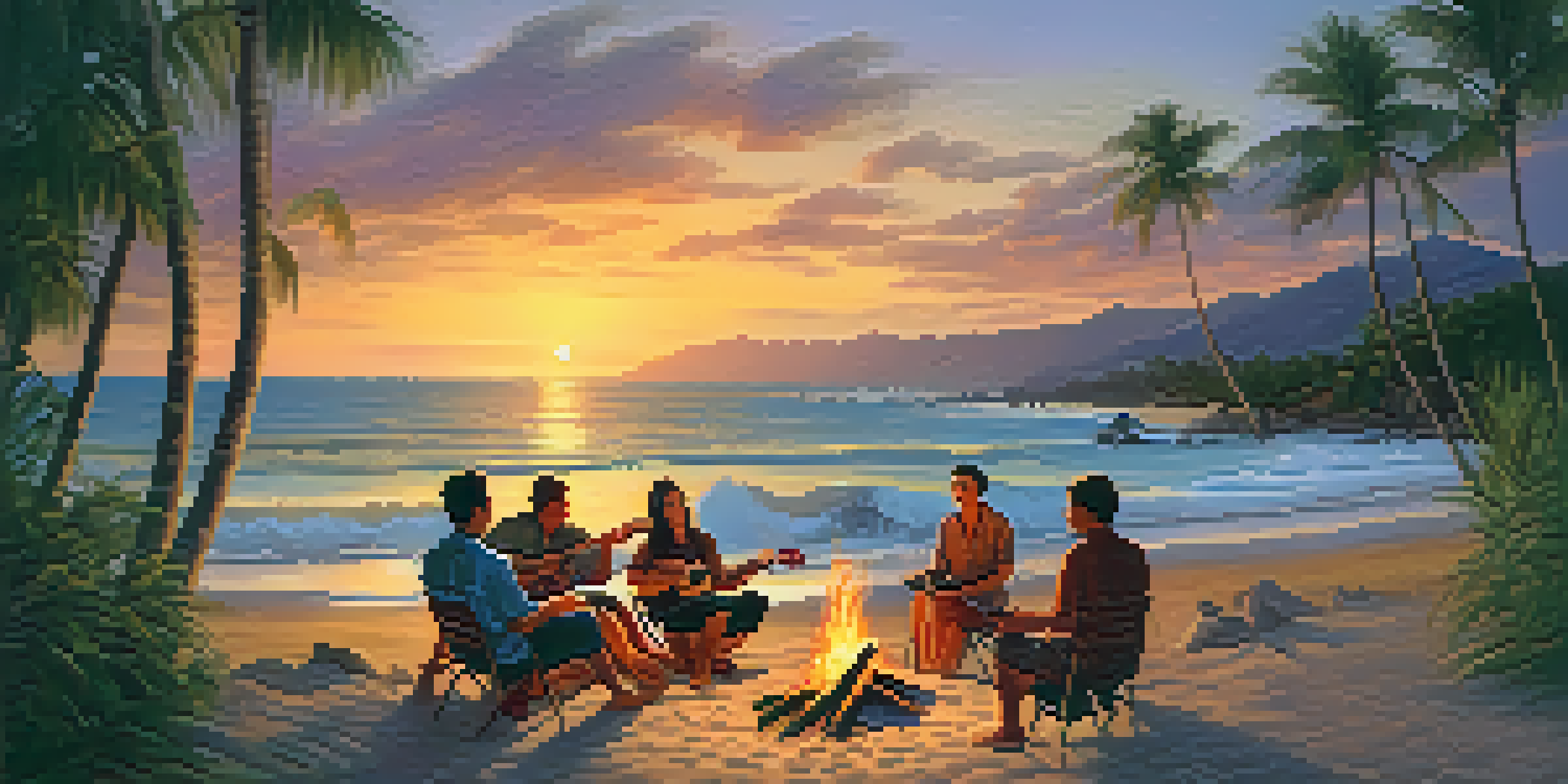 A group of friends enjoying a sunset beach gathering with a ukulele, surrounded by palm trees and ocean waves.