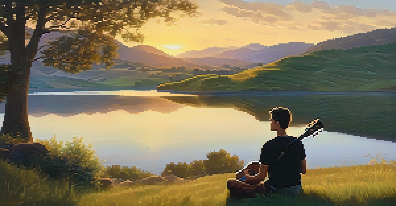 A peaceful sunset landscape with a person playing a ukulele on a grassy hill.