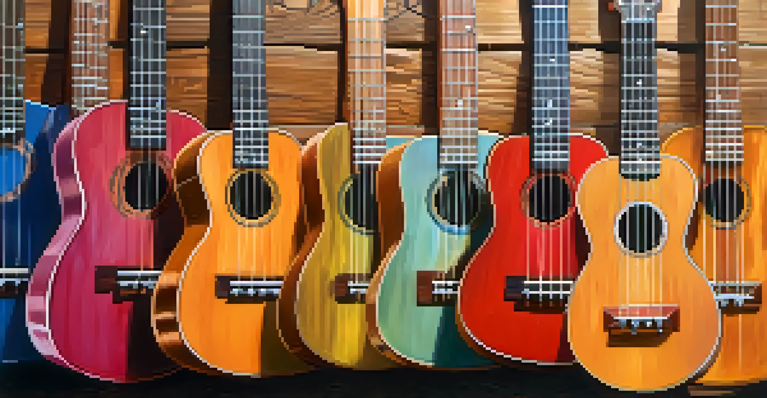An arrangement of various ukulele strings on a wooden surface, labeled with their types, in a soft-focus background.