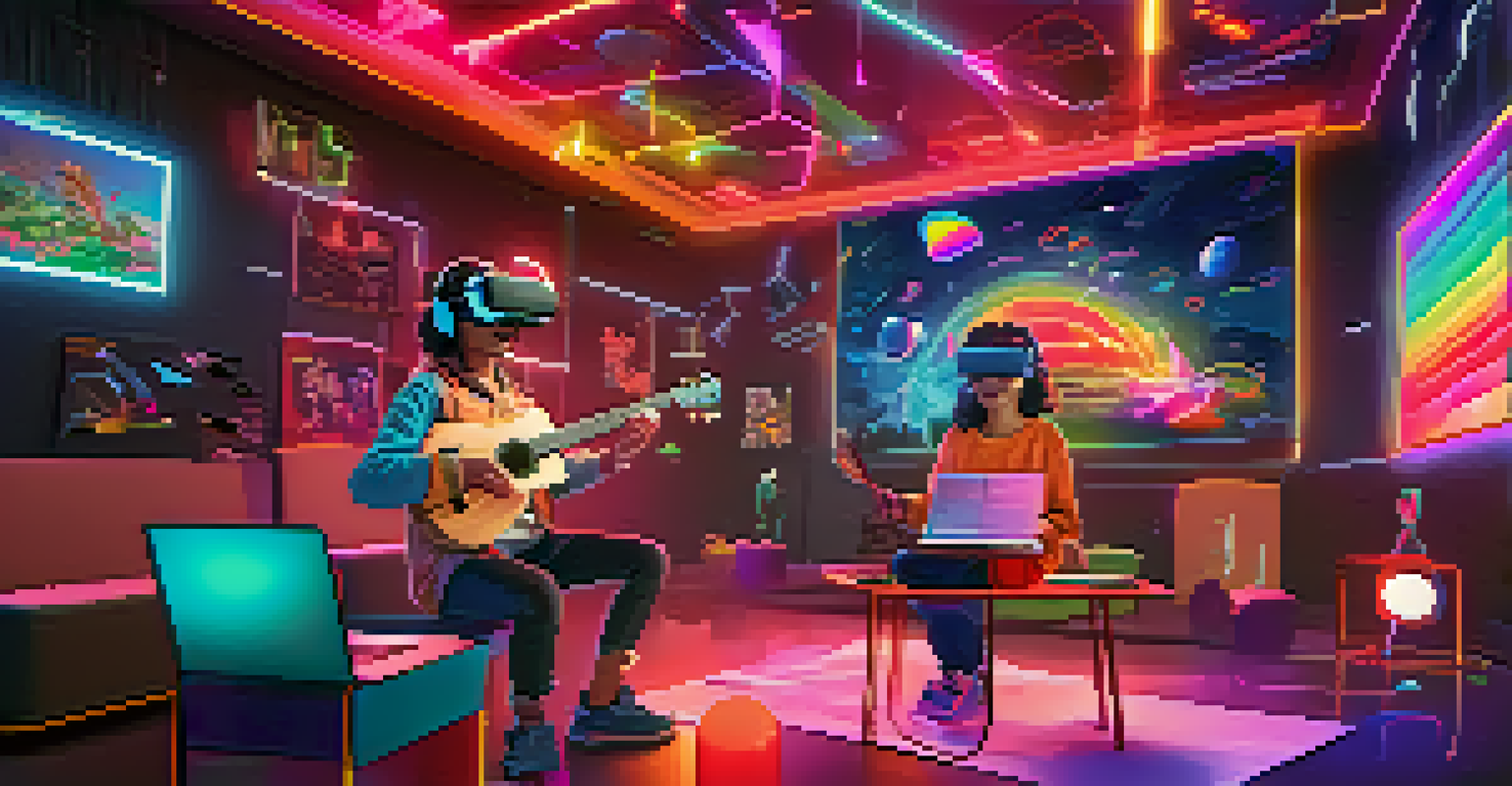 A person in a VR headset learning ukulele in a vibrant digital classroom with holographic elements.