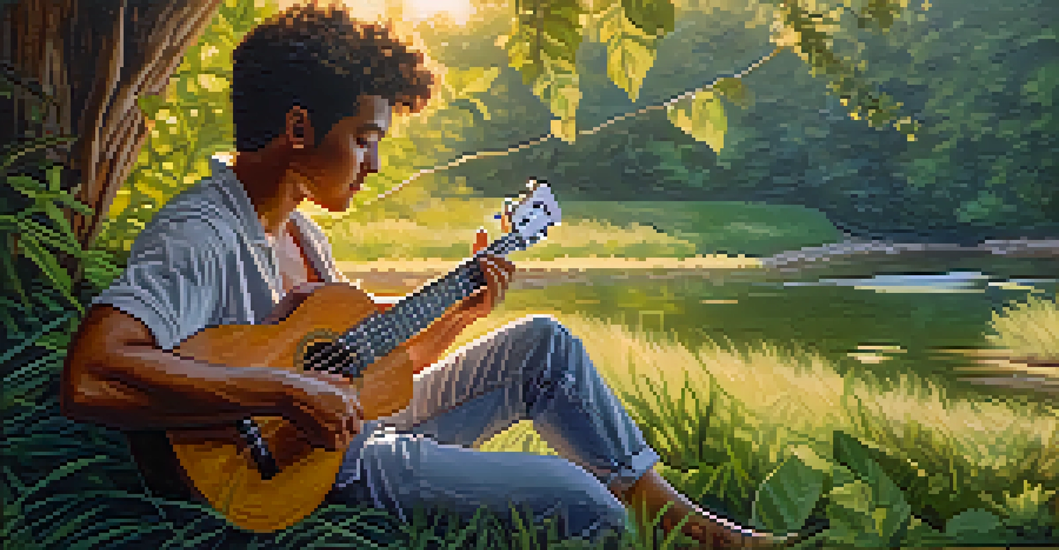 A musician playing a ukulele outdoors during golden hour, surrounded by greenery, illustrating a peaceful and creative atmosphere.