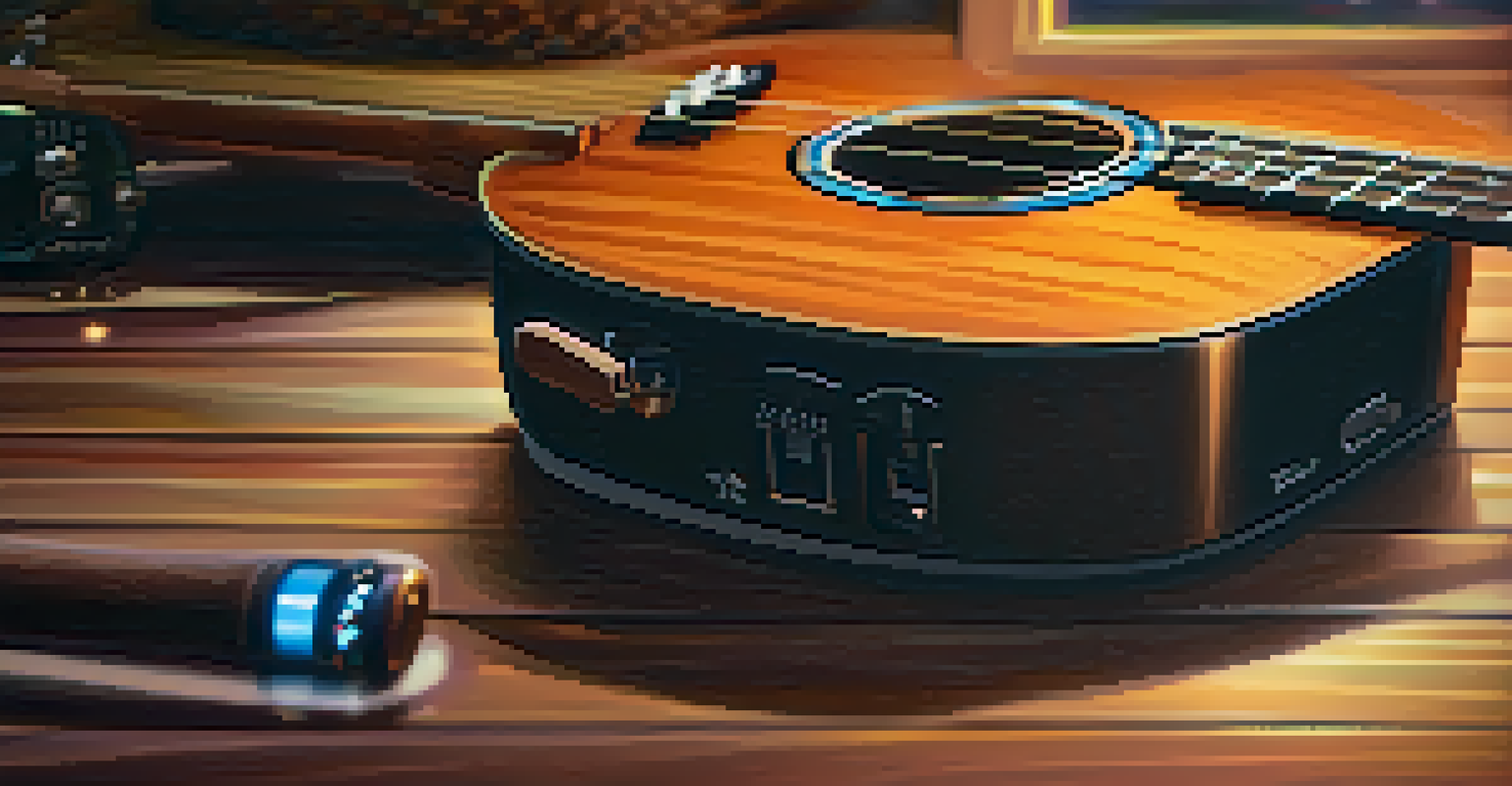 A close-up of a loop pedal and a ukulele, with LED lights on the pedal and a blurred background.