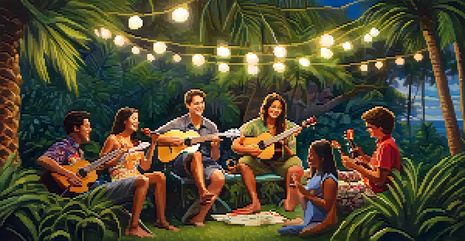 A joyful group of friends playing ukuleles in a colorful Hawaiian backyard.