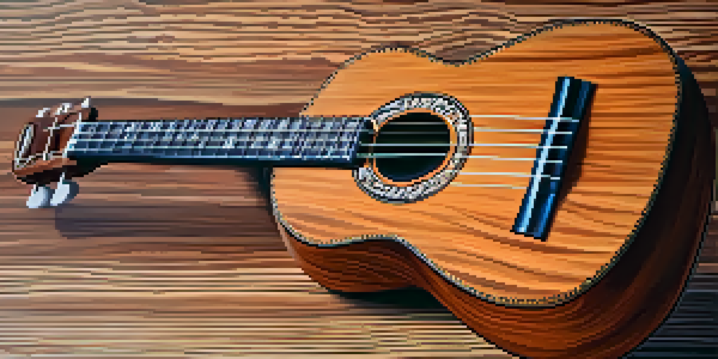 A close-up of a mahogany ukulele on a wooden surface, highlighting its grain and finish in natural light.