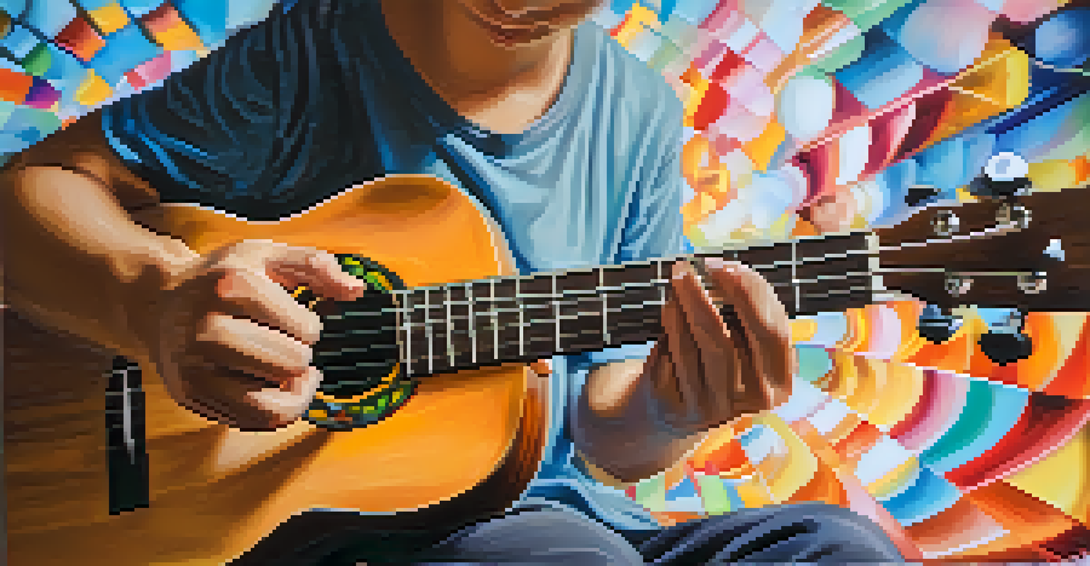 Close-up of hands strumming a ukulele with colorful musical notes in a blurred background.