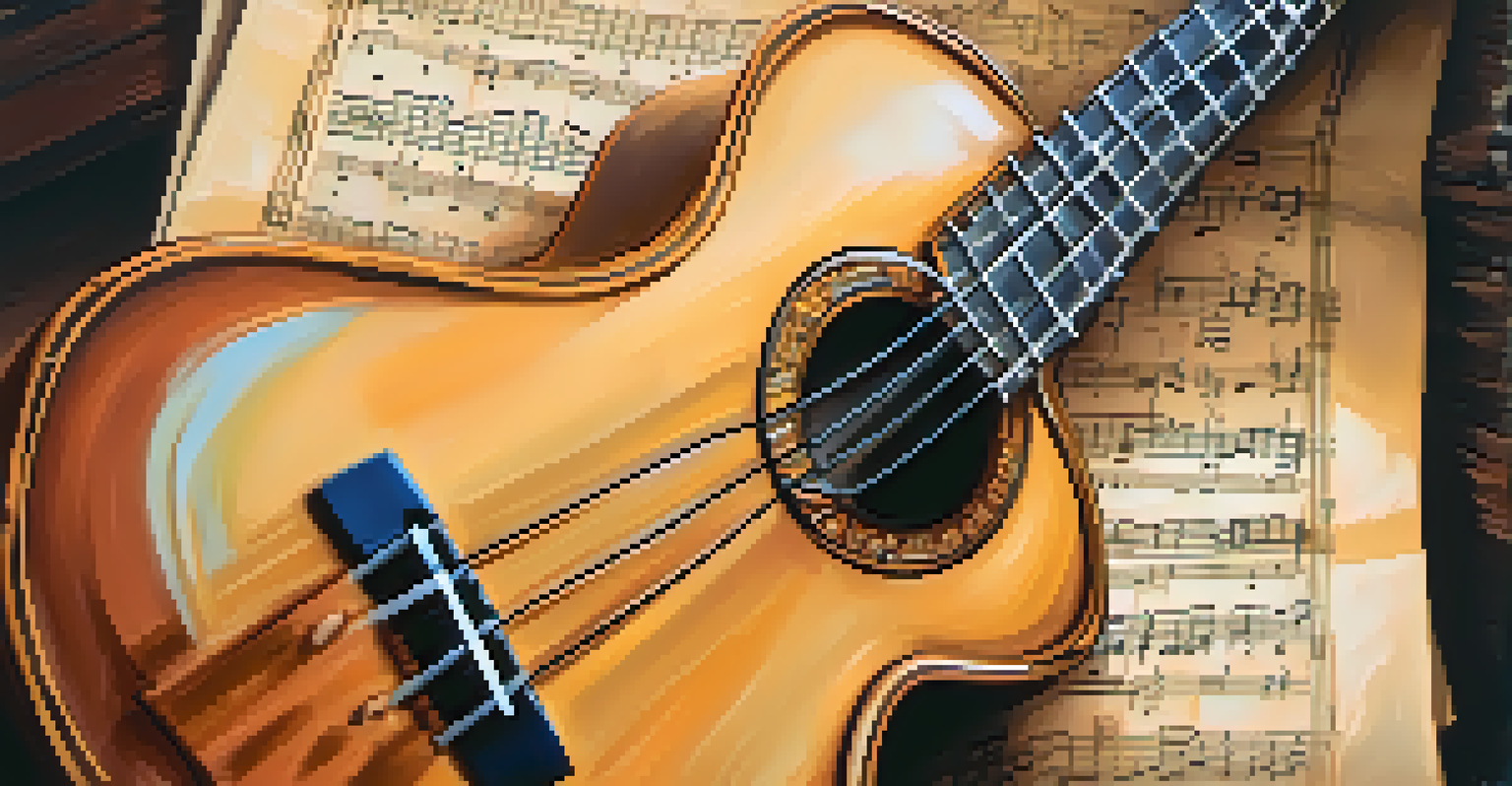 A close-up of a ukulele on sheet music, with colorful jazz notes around it, set in a cozy jazz club atmosphere.