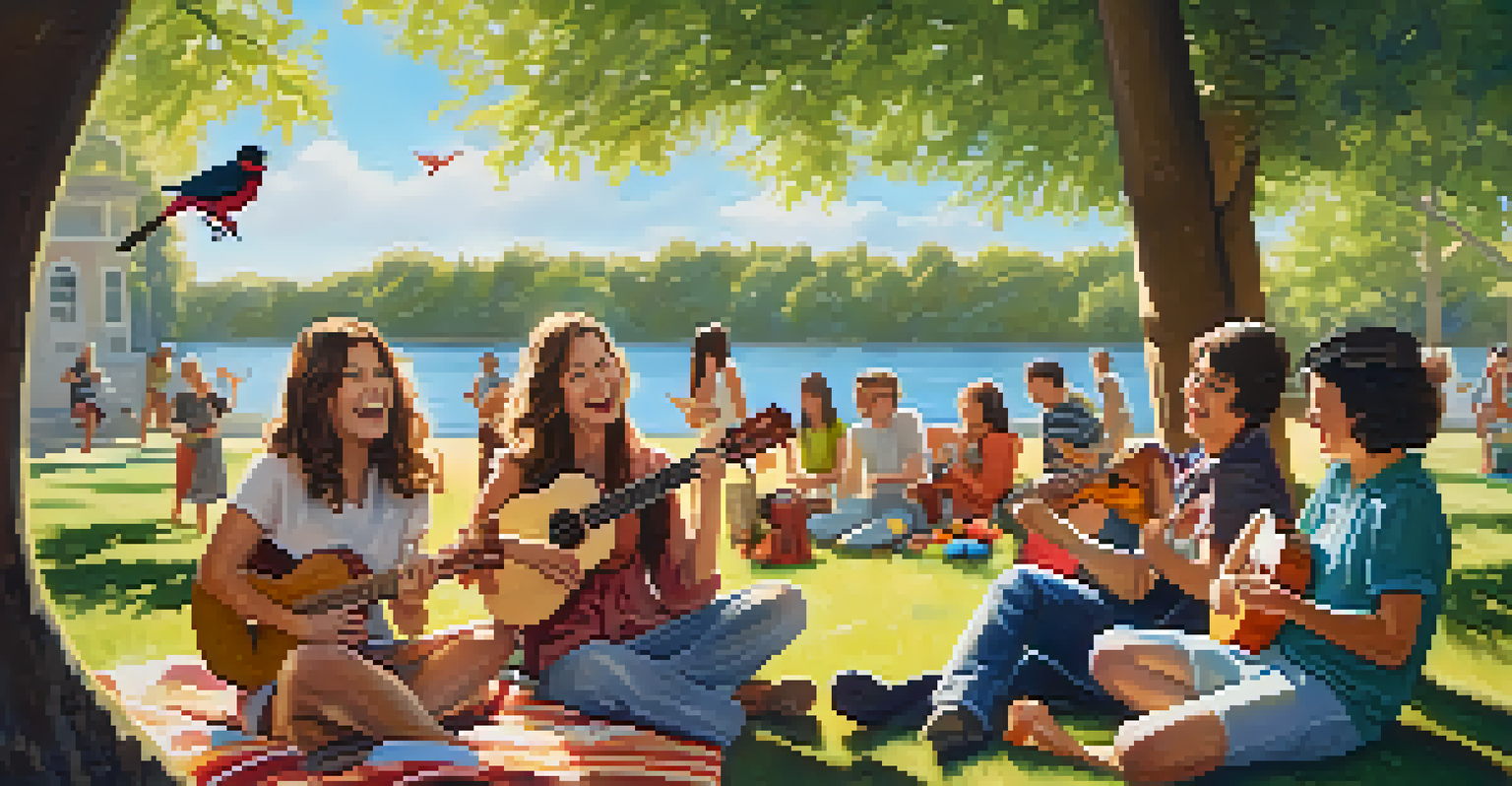 Group of friends playing ukuleles in a park, enjoying a sunny picnic together.