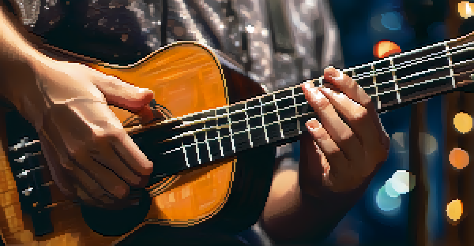 Close-up of hands strumming a ukulele, with a blurred background of soft lights, highlighting the instrument's details.