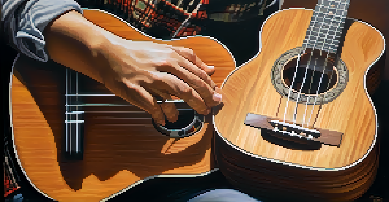 Close-up of hands strumming a ukulele, focusing on the wood grain and strings.