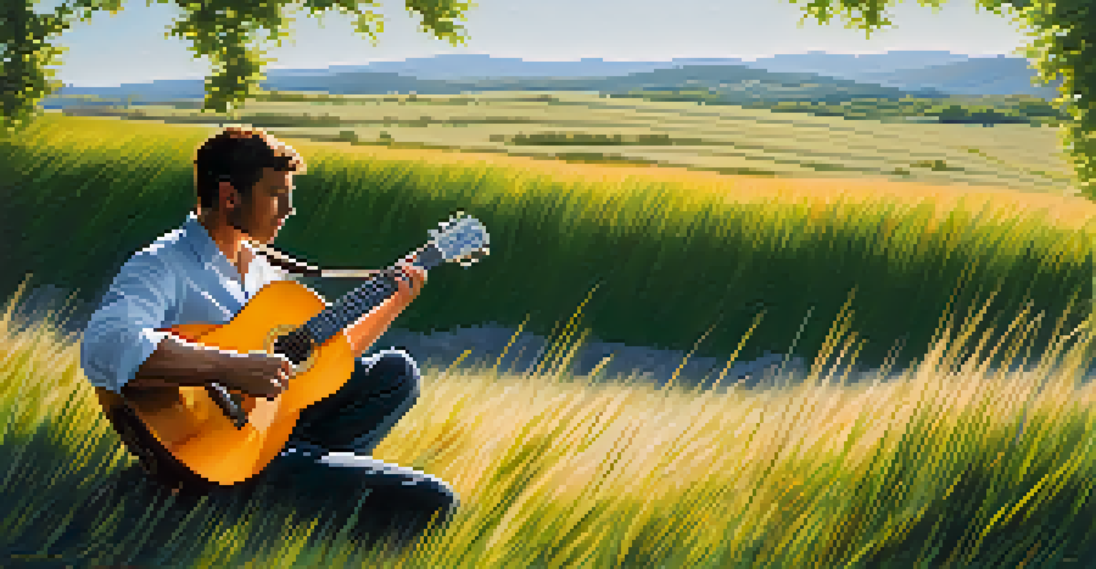 A musician playing a steel-string guitar outdoors in sunlight, with vibrant colors of nature and dynamic shadows on the grass.