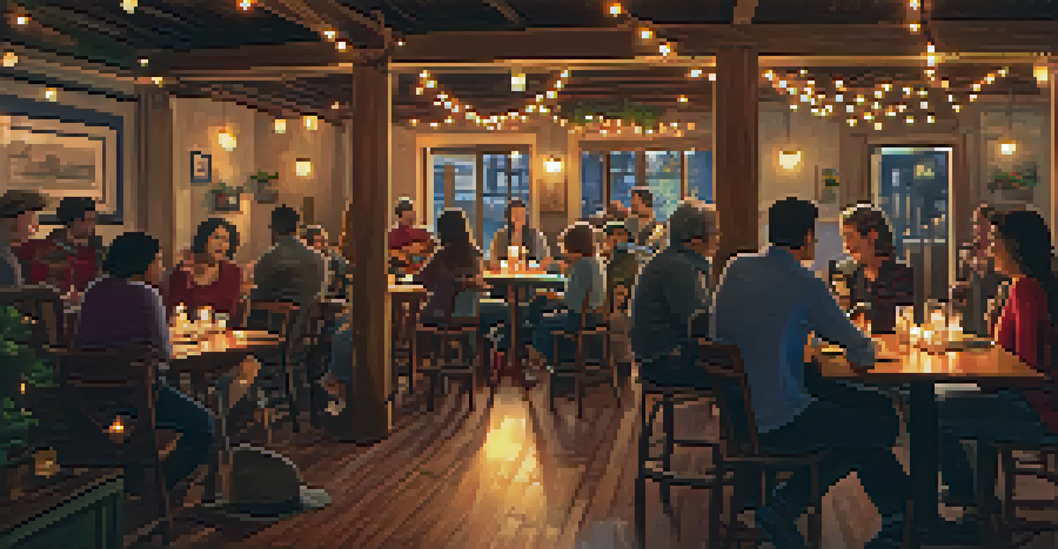 A musician playing ukulele on stage in a cozy café, with an engaged audience enjoying the performance.