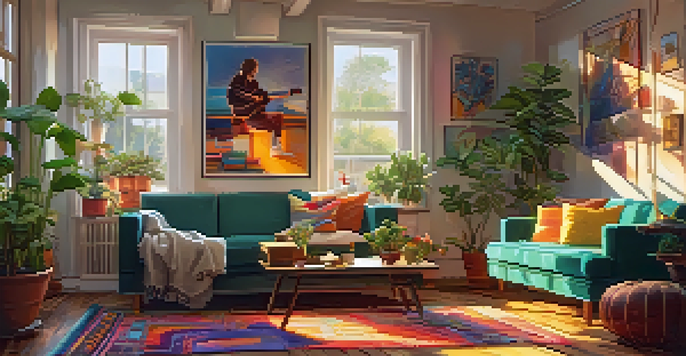 A person playing ukulele in a sunlit living room filled with plants and music art.