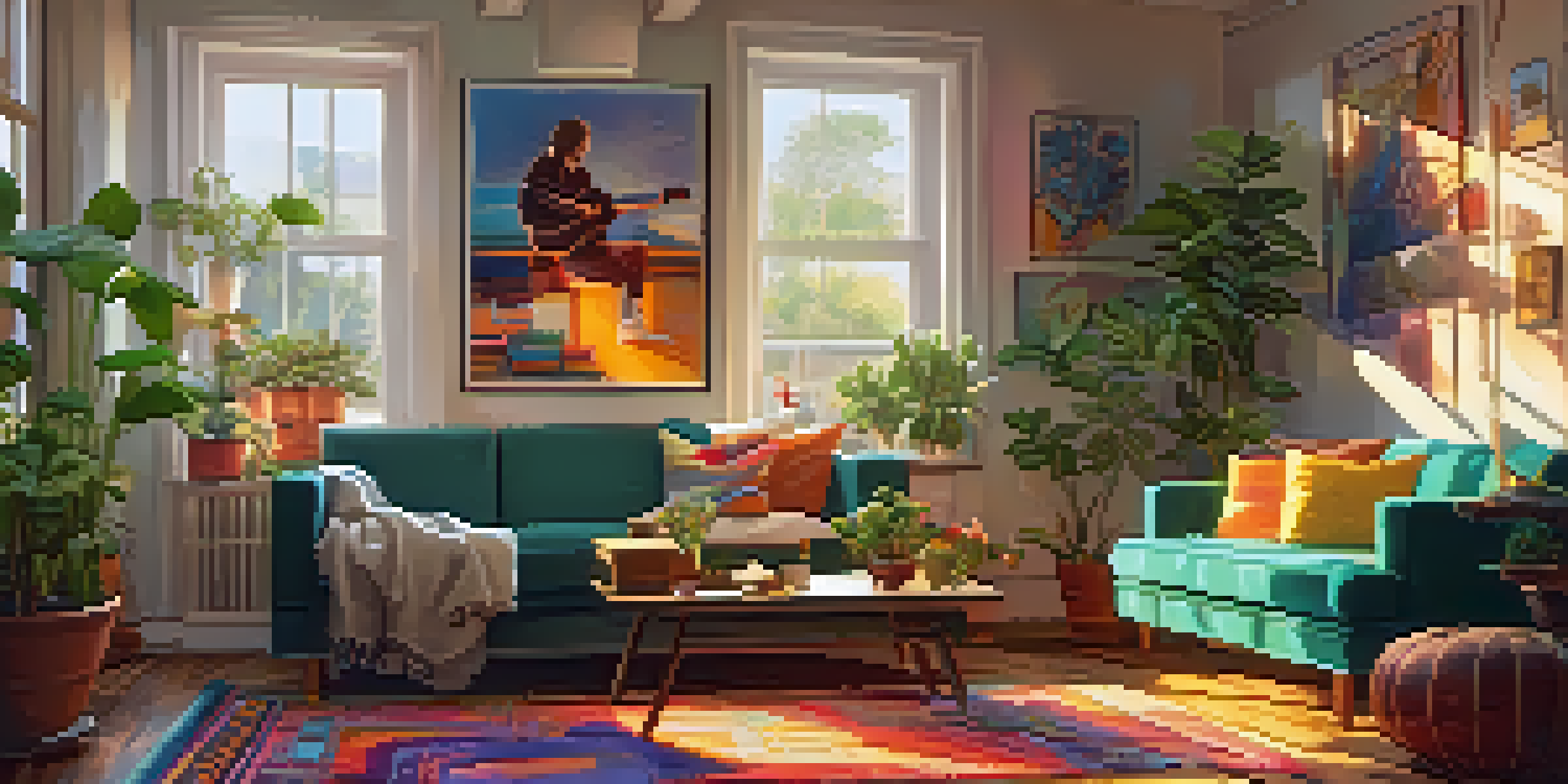 A person playing ukulele in a sunlit living room filled with plants and music art.
