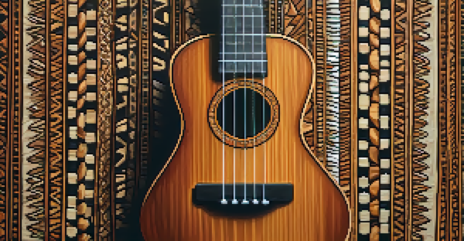 A close-up view of a ukulele next to traditional African drums, showcasing the textures and patterns, with warm lighting enhancing their details.