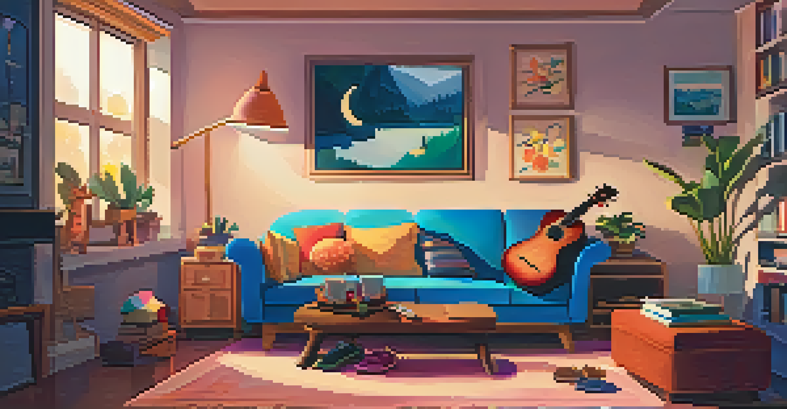 A parent and child sitting together on a couch, playing ukuleles with a beginner's songbook on the table.