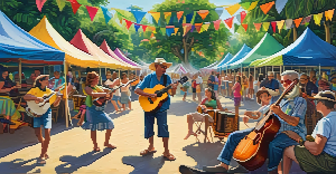 A lively ukulele festival with musicians and attendees enjoying music and dancing under colorful tents, surrounded by flowers and trees.