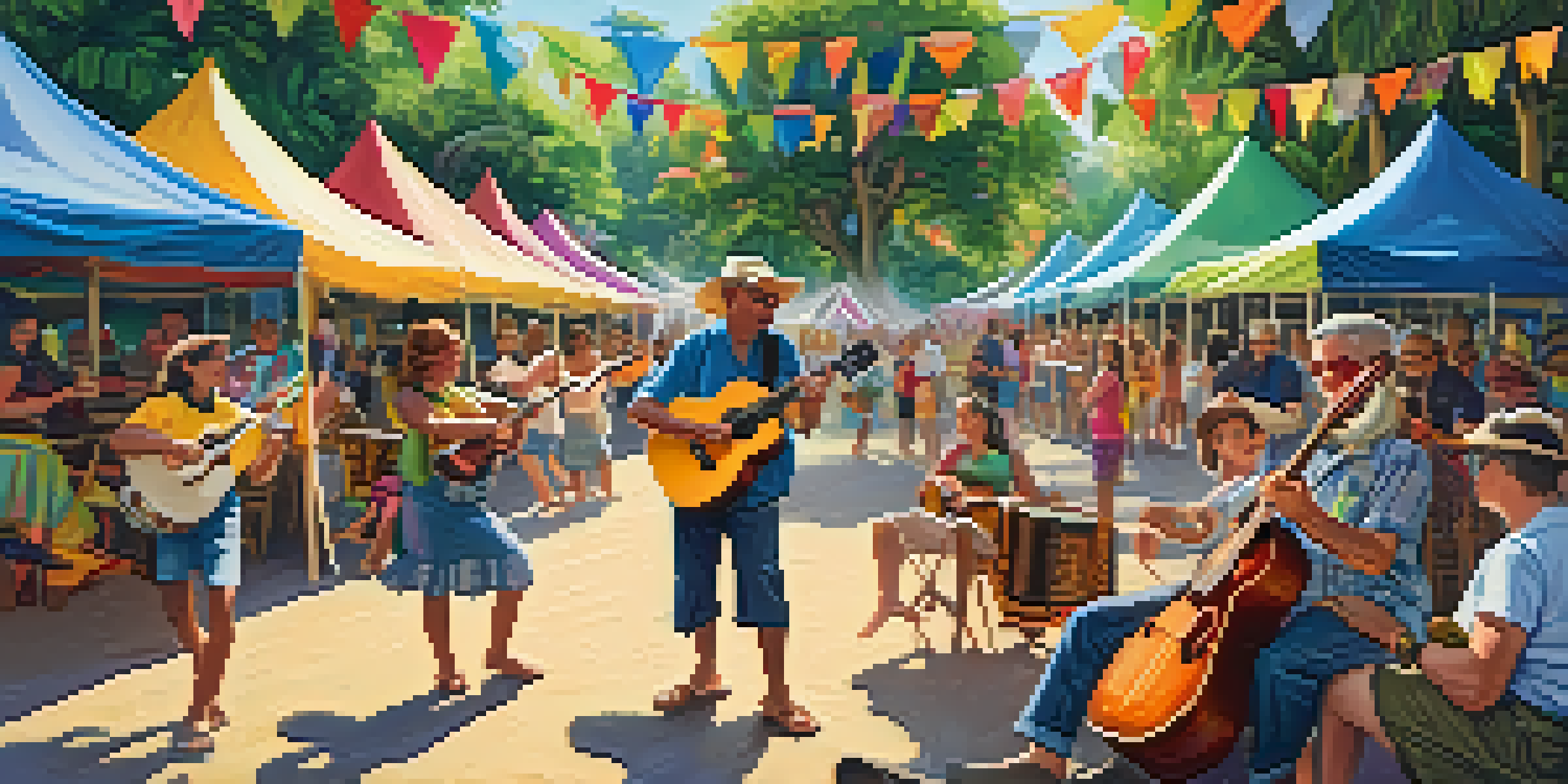 A lively ukulele festival with musicians and attendees enjoying music and dancing under colorful tents, surrounded by flowers and trees.
