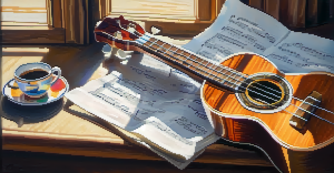A close-up view of a colorful ukulele on a wooden table, with sheet music and a cup of coffee in a warm, sunlit room.