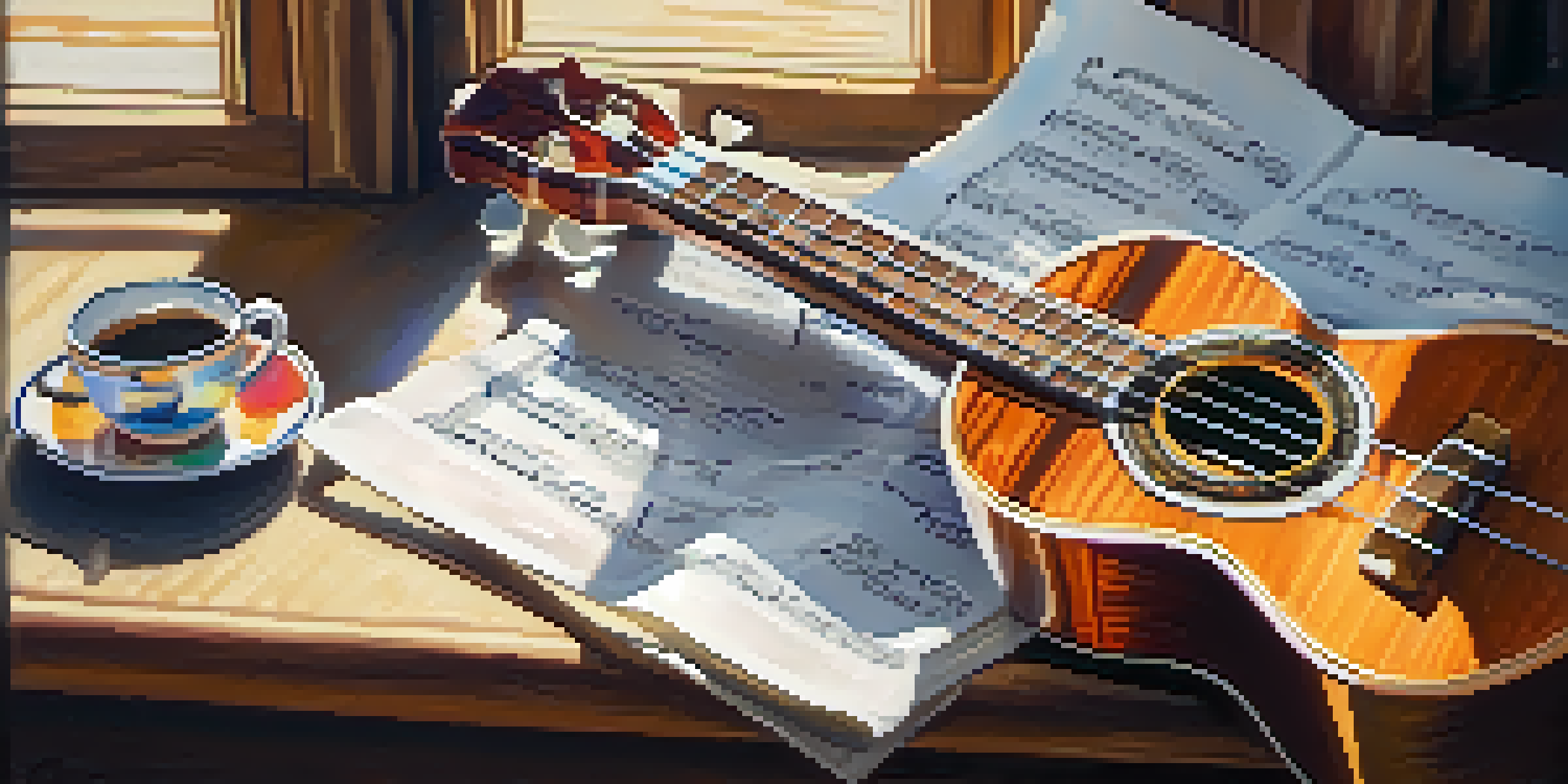 A close-up view of a colorful ukulele on a wooden table, with sheet music and a cup of coffee in a warm, sunlit room.
