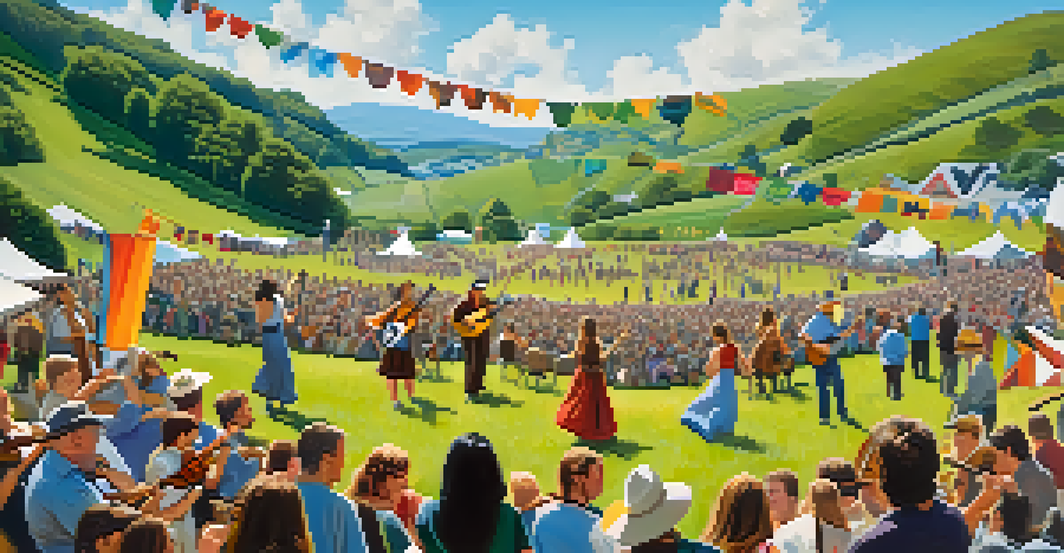 A lively folk music festival in Ireland with musicians playing traditional instruments and a vibrant crowd enjoying the performances against a scenic backdrop.