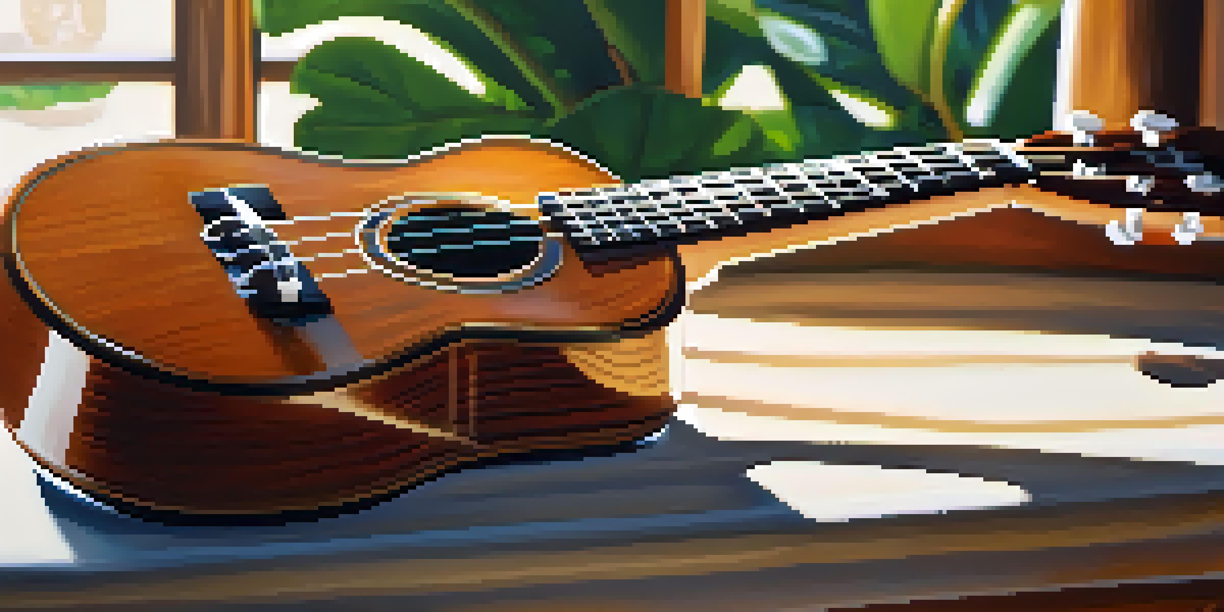 A close-up of a ukulele on a wooden table with sunlight illuminating its surface, showcasing its beautiful wood grain and a soft-focus background of plants.