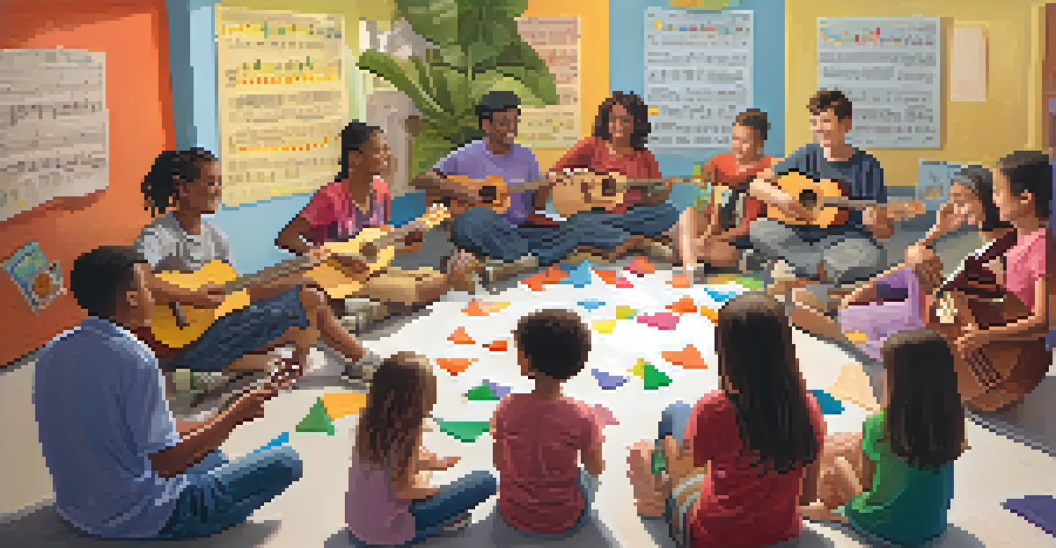 Participants of different ages in a circle at a ukulele workshop, strumming their instruments and sharing songs in a vibrant community center.