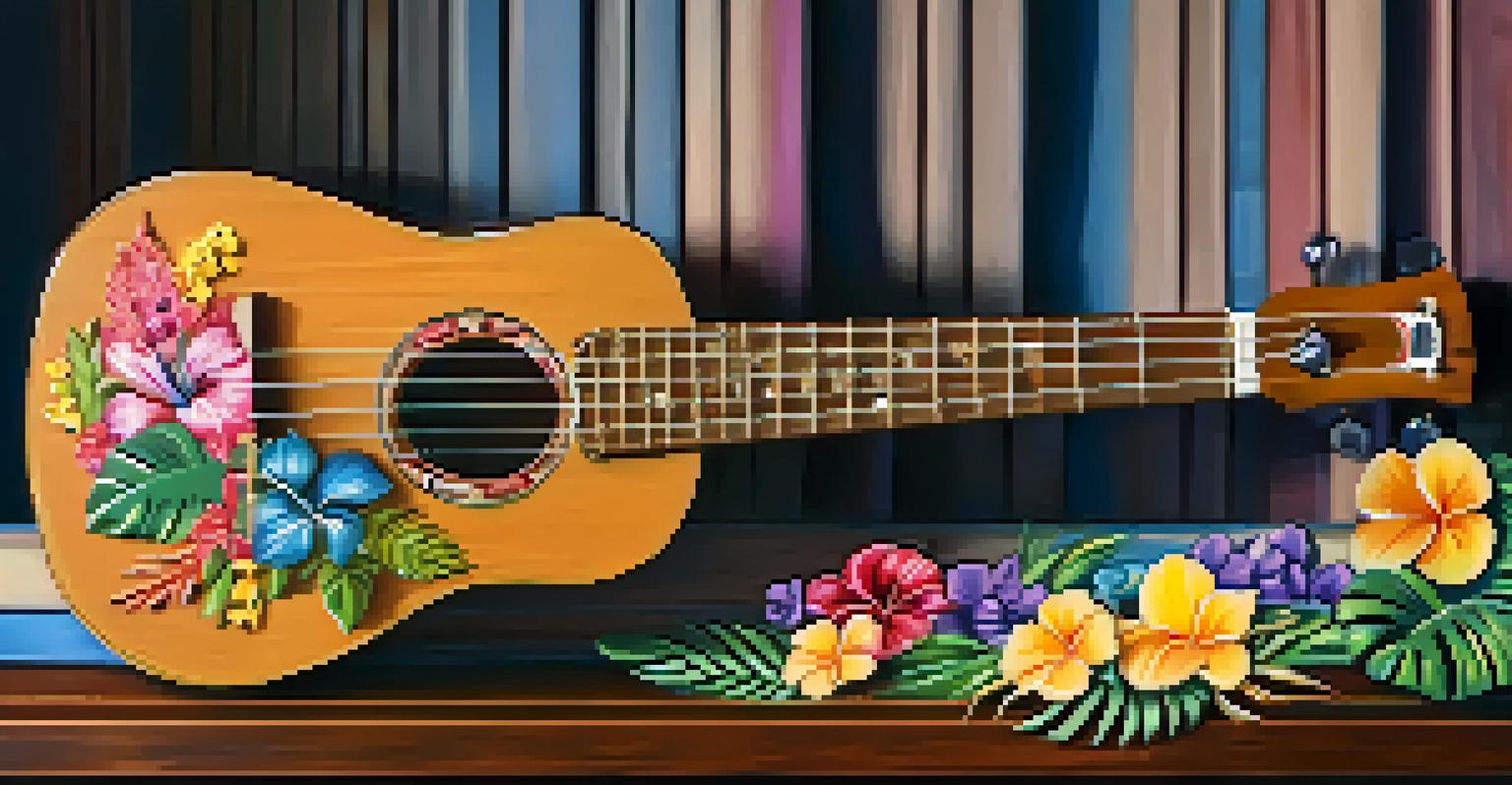 A close-up of a beautifully crafted ukulele on a wooden table, surrounded by tropical flowers.