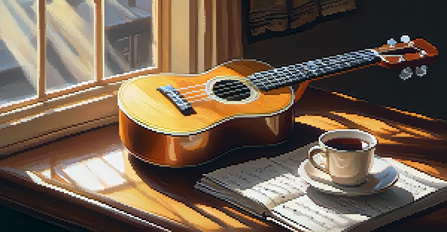 A ukulele on a wooden table with sheet music and a cup of tea, bathed in warm sunlight.